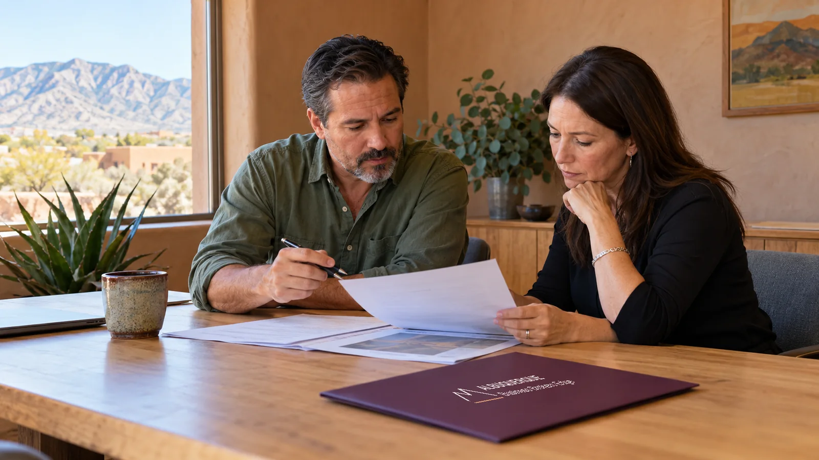 Business owner and advisor reviewing documents in a sunlit New Mexico office